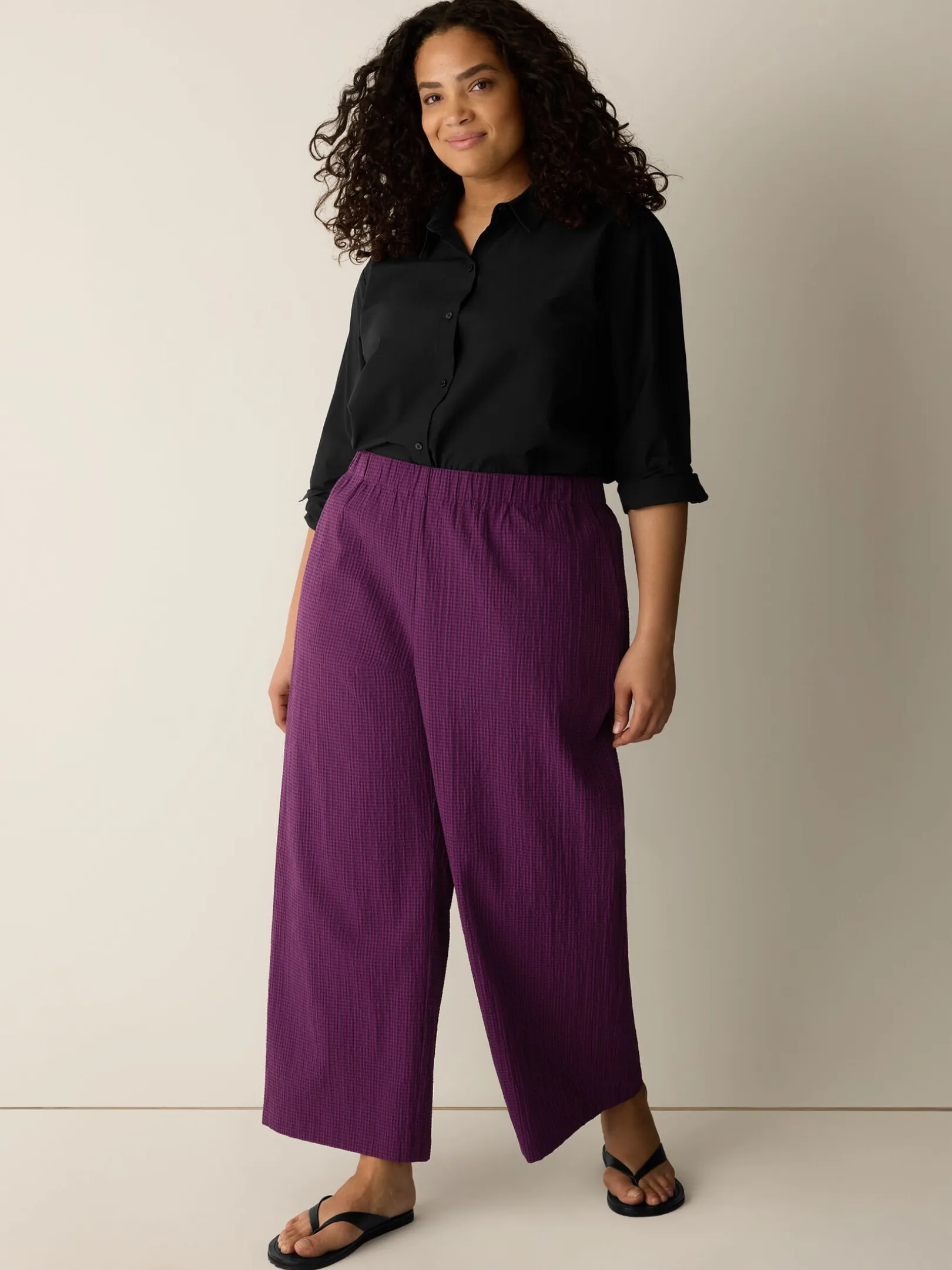 Organic Cotton Pucker Check Wide-Leg Pant