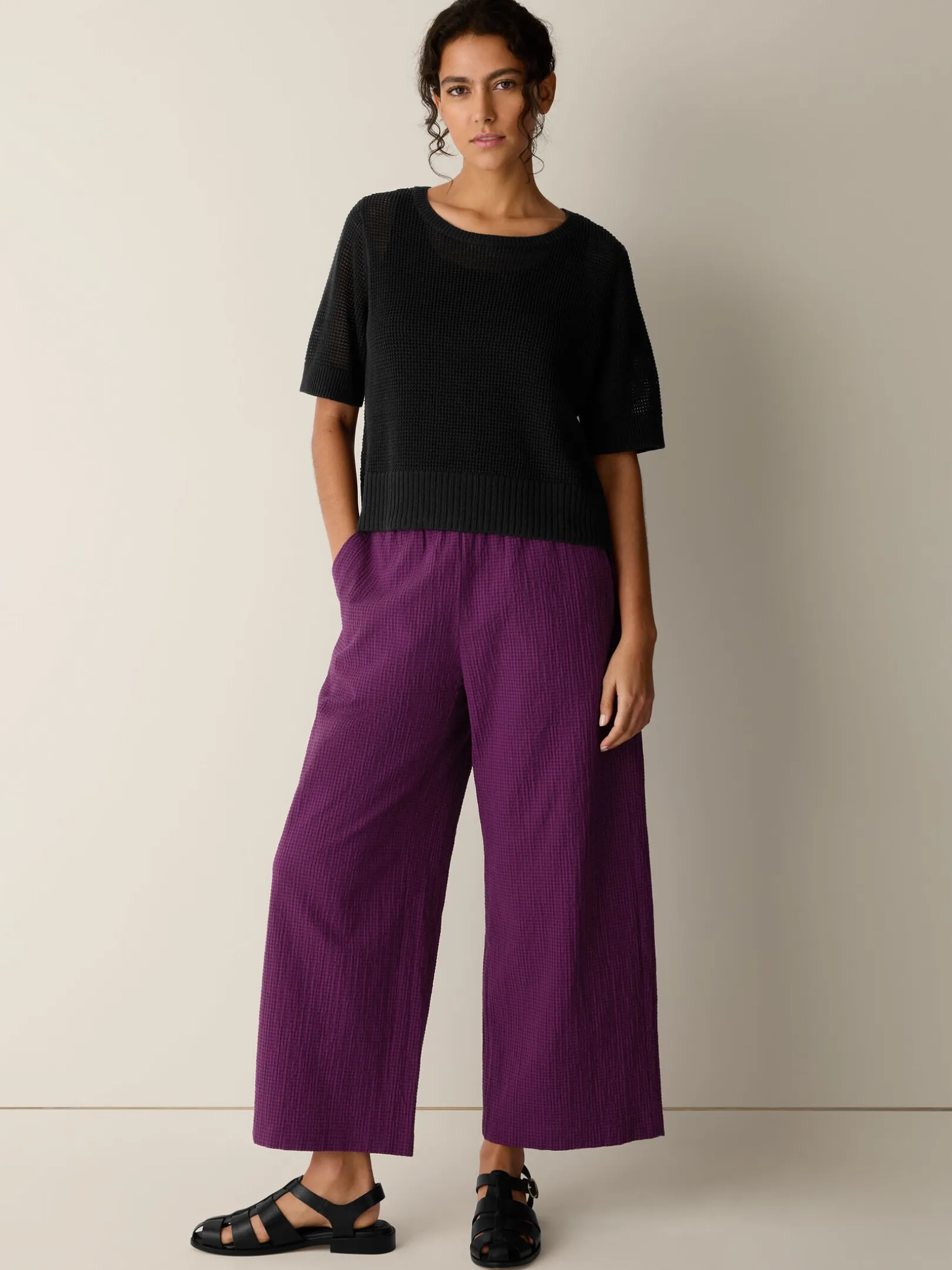 Organic Cotton Pucker Check Wide-Leg Pant