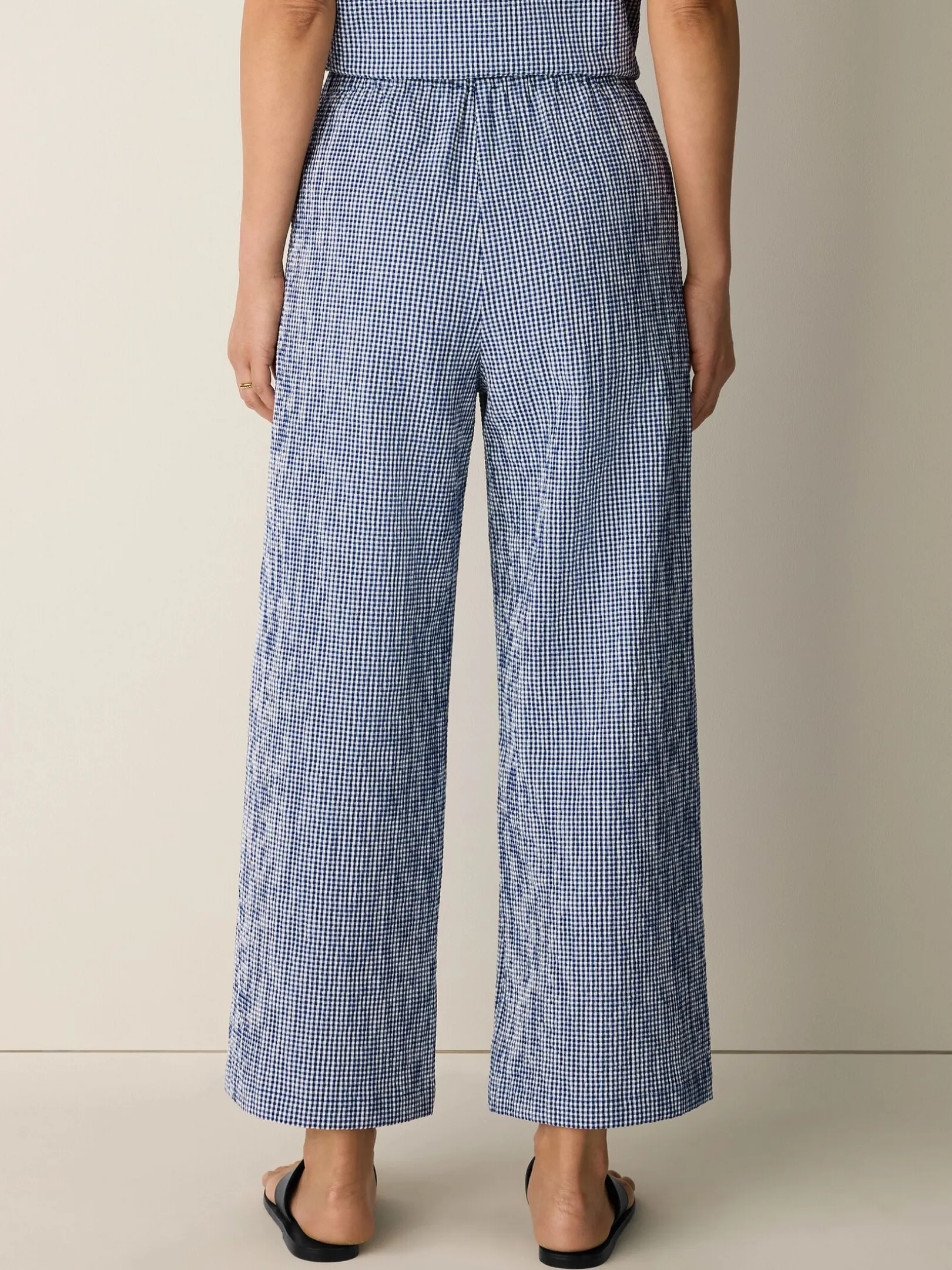 Organic Cotton Pucker Check Wide-Leg Pant