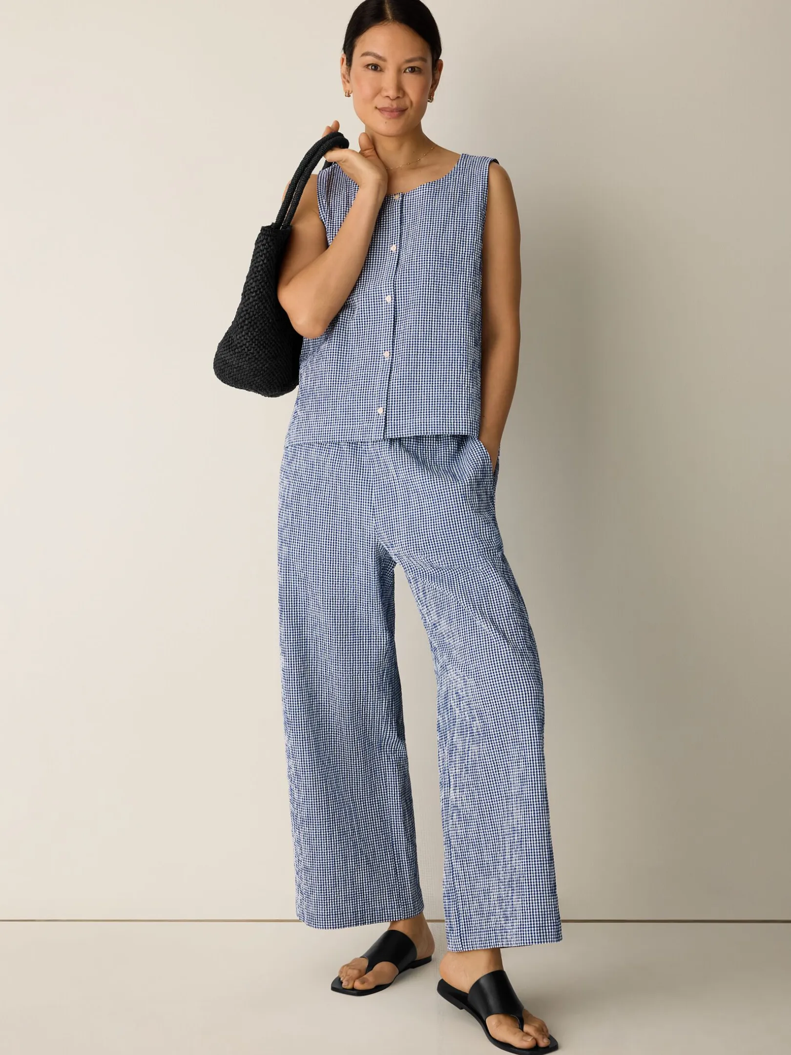Organic Cotton Pucker Check Wide-Leg Pant