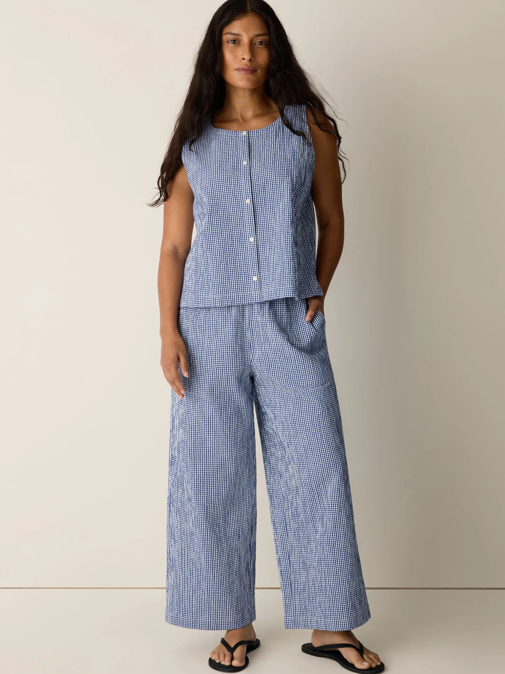 Organic Cotton Pucker Check Wide-Leg Pant
