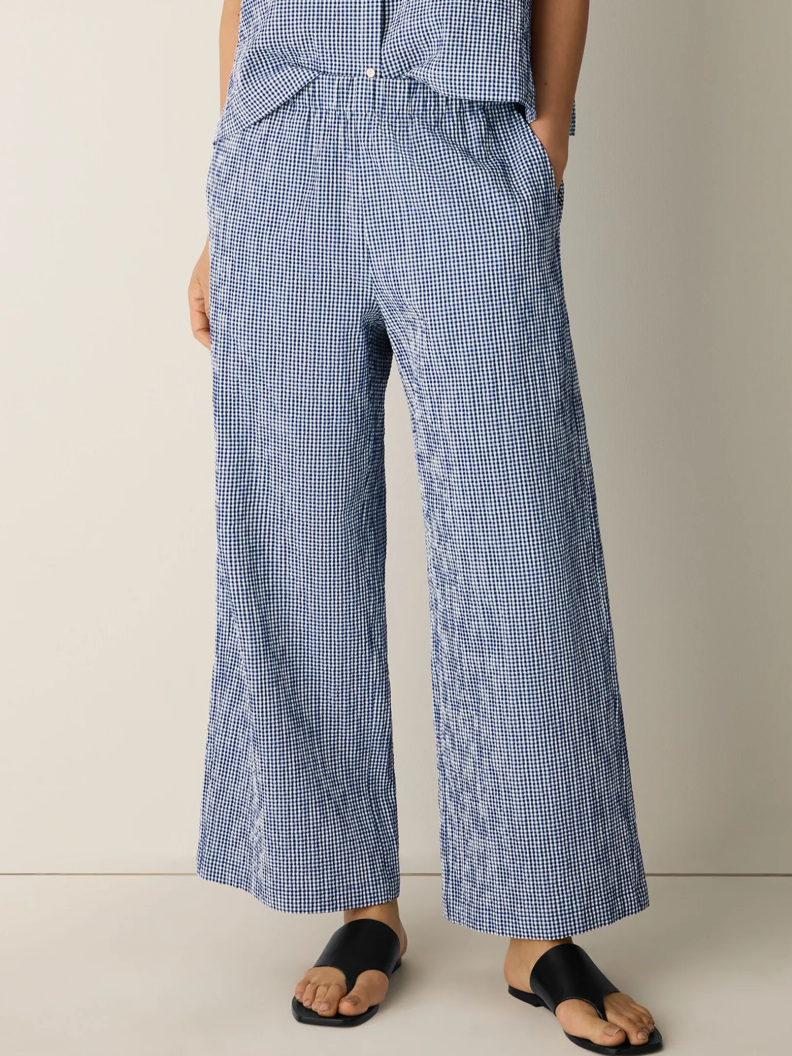 Organic Cotton Pucker Check Wide-Leg Pant