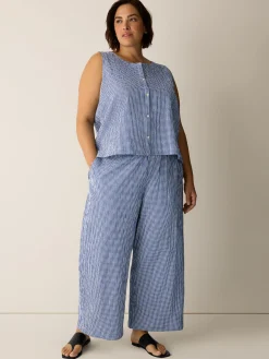 Organic Cotton Pucker Check Wide-Leg Pant