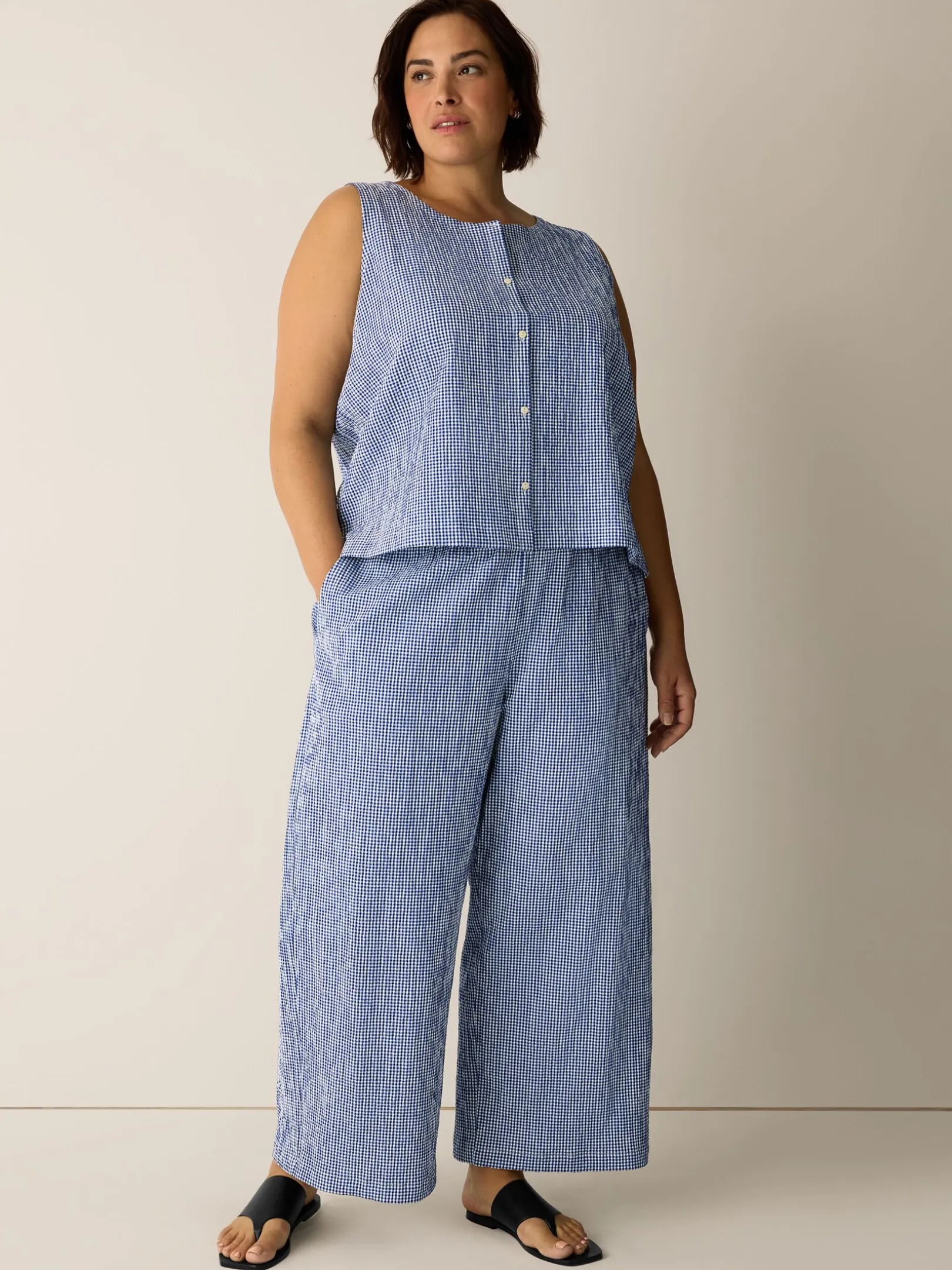 Organic Cotton Pucker Check Wide-Leg Pant