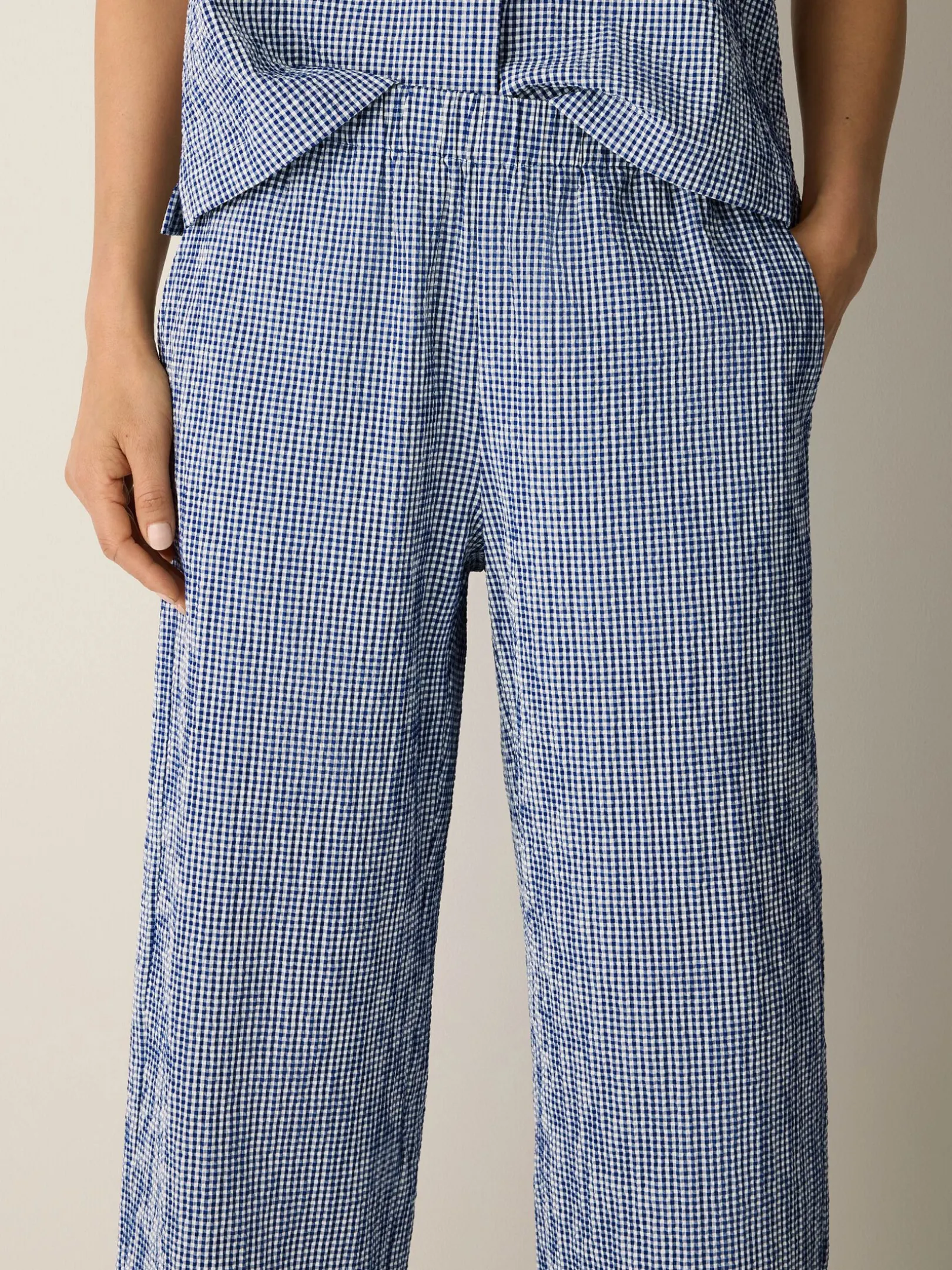Organic Cotton Pucker Check Wide-Leg Pant