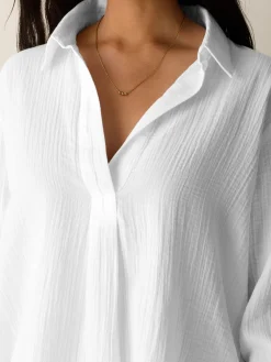 Organic Cotton Ripple Classic Collar Split Neck Top