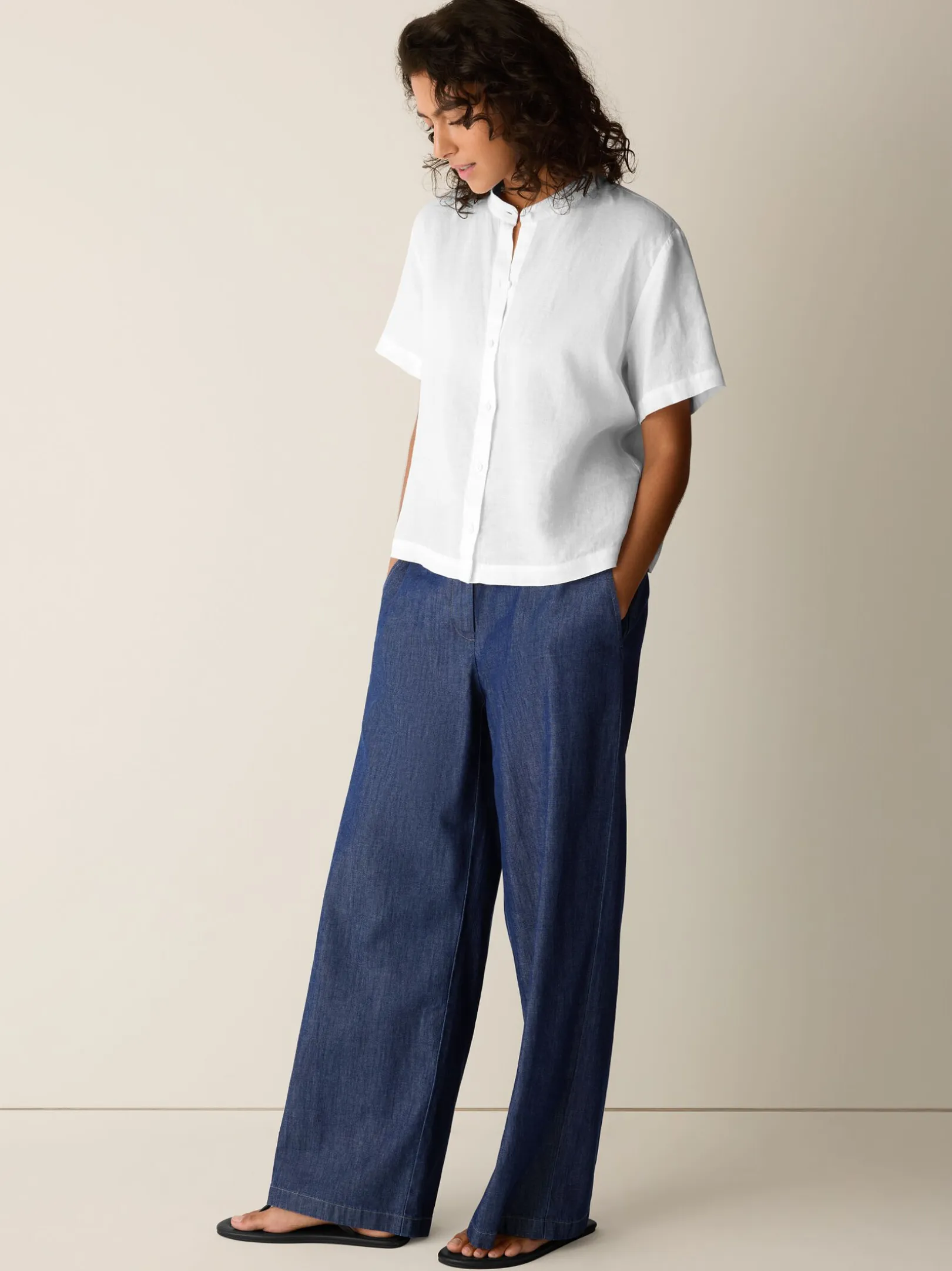 Organic Handkerchief Linen Band Collar Shirt