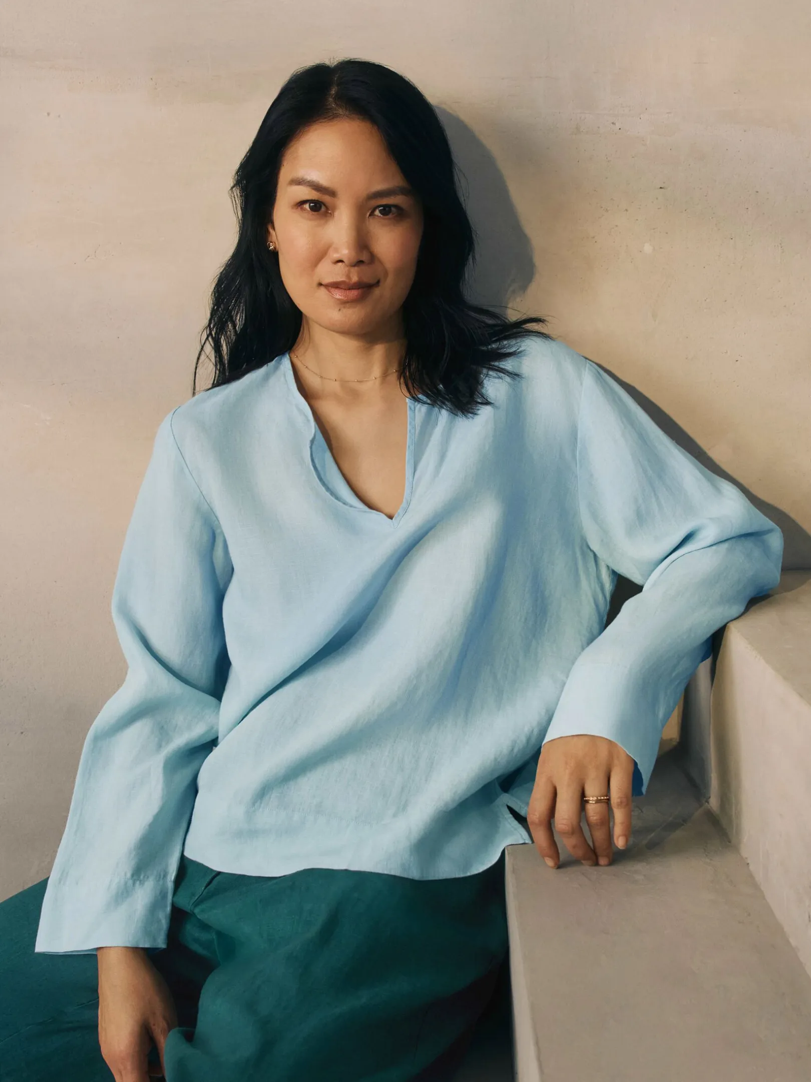 Organic Handkerchief Linen Split Neck Top