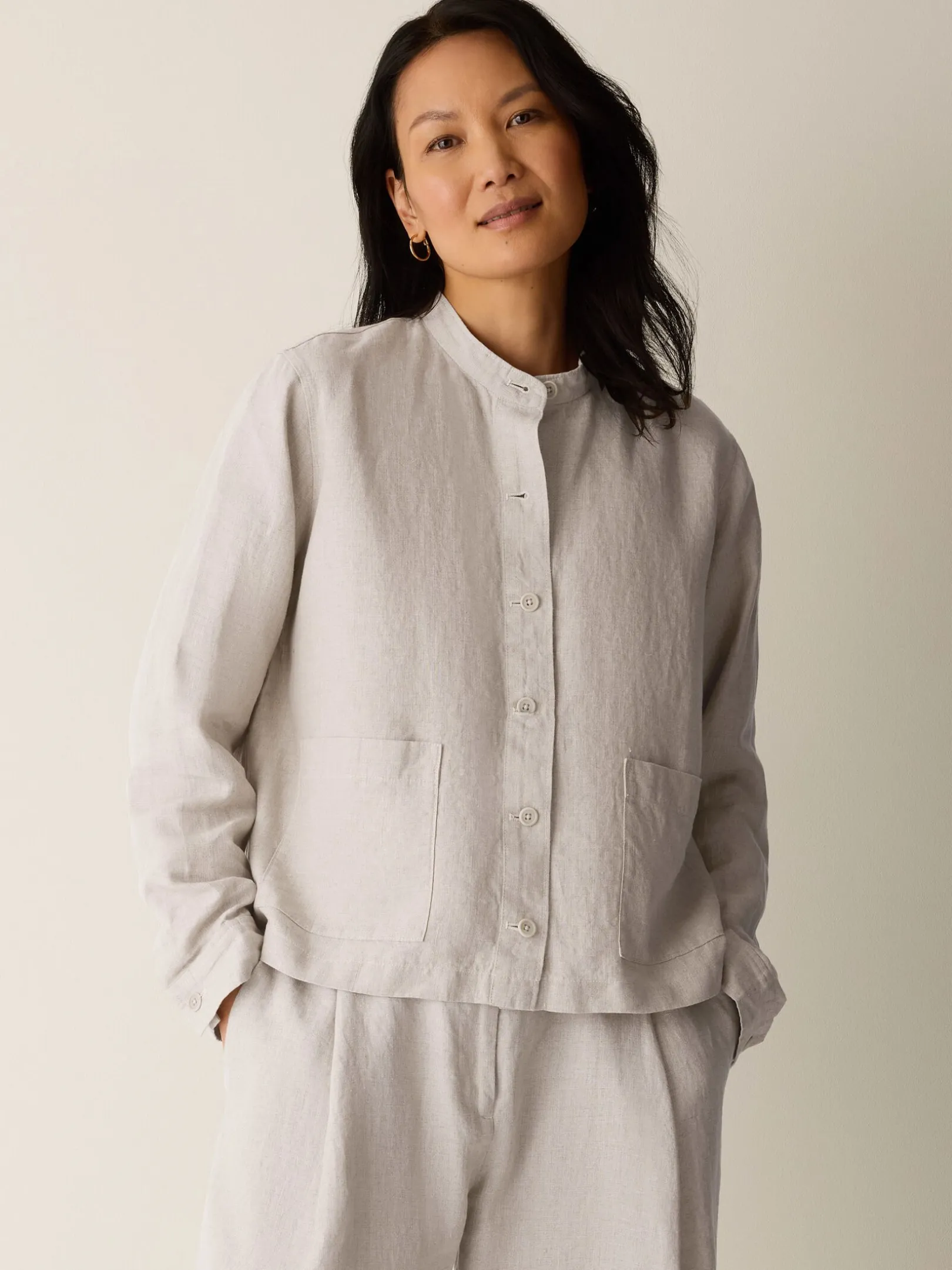 Organic Linen Band Collar Shirt Jacket