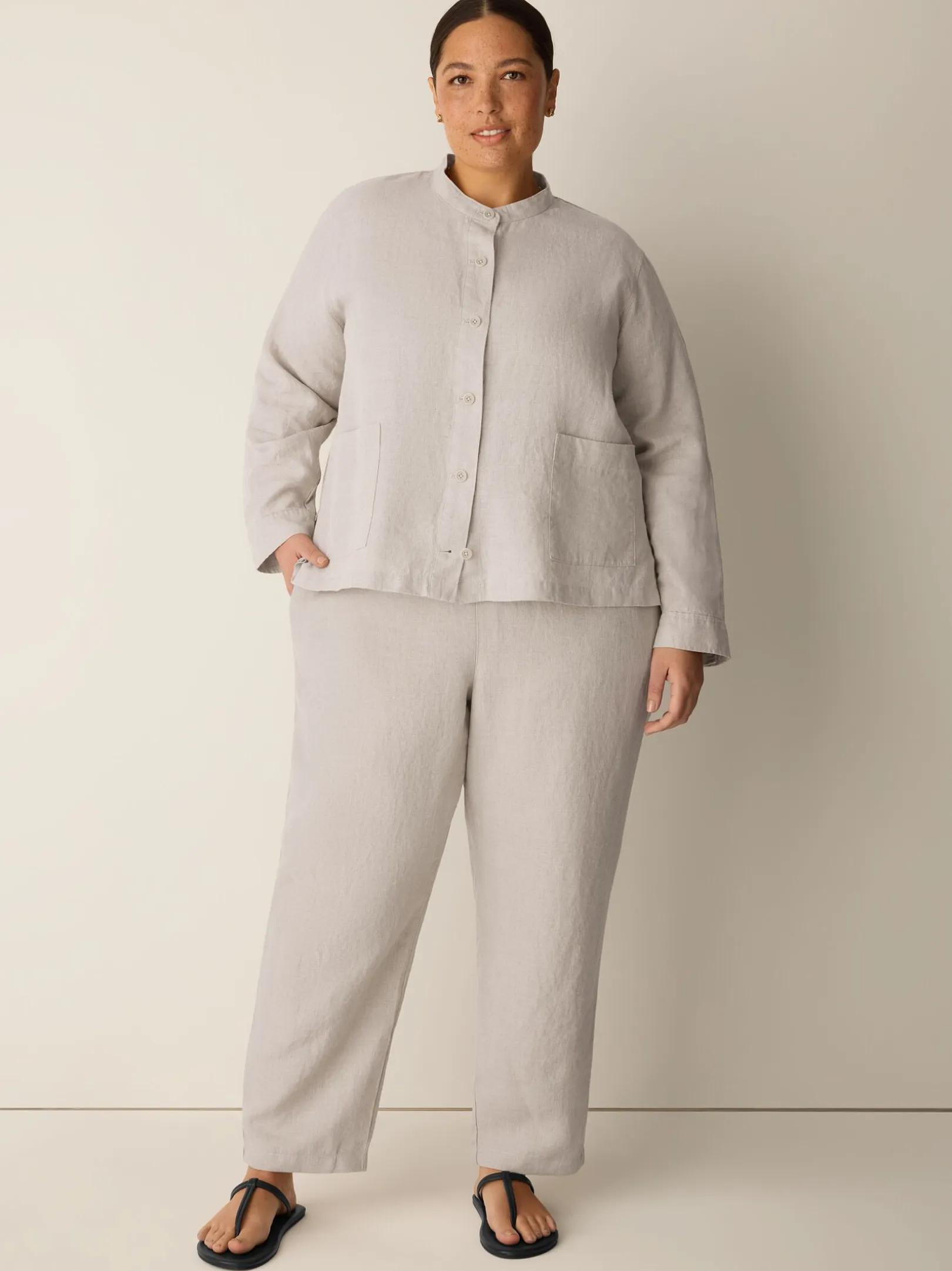 Organic Linen Band Collar Shirt Jacket