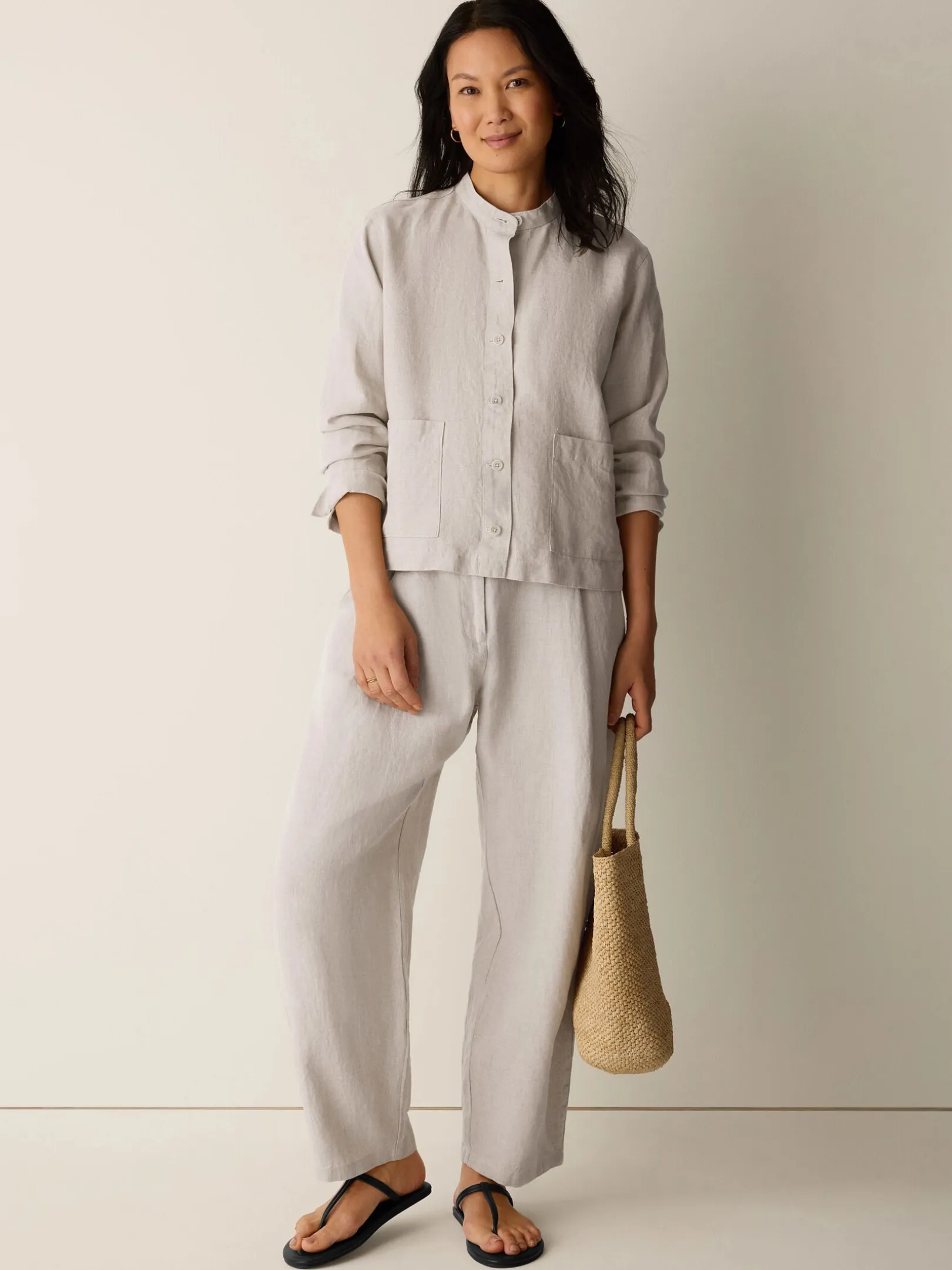 Organic Linen Band Collar Shirt Jacket