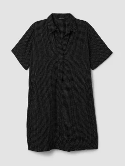 Puckered Organic Linen Grid Classic Collar Dress