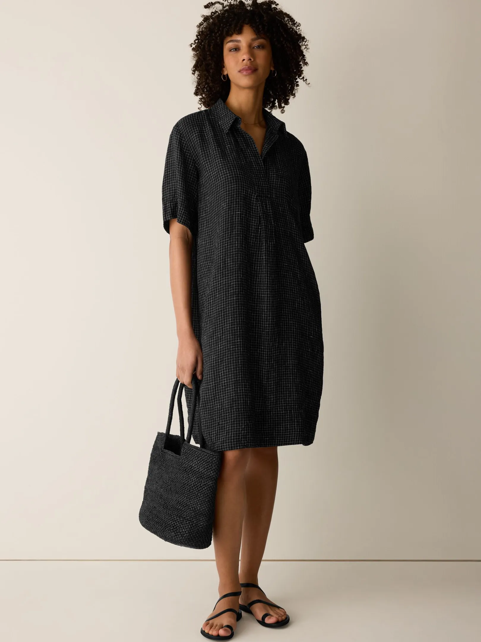 Puckered Organic Linen Grid Classic Collar Dress