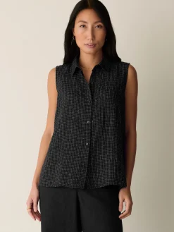 Puckered Organic Linen Grid Sleeveless Shirt