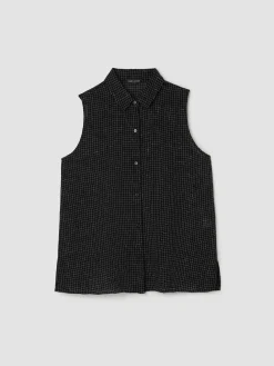 Puckered Organic Linen Grid Sleeveless Shirt