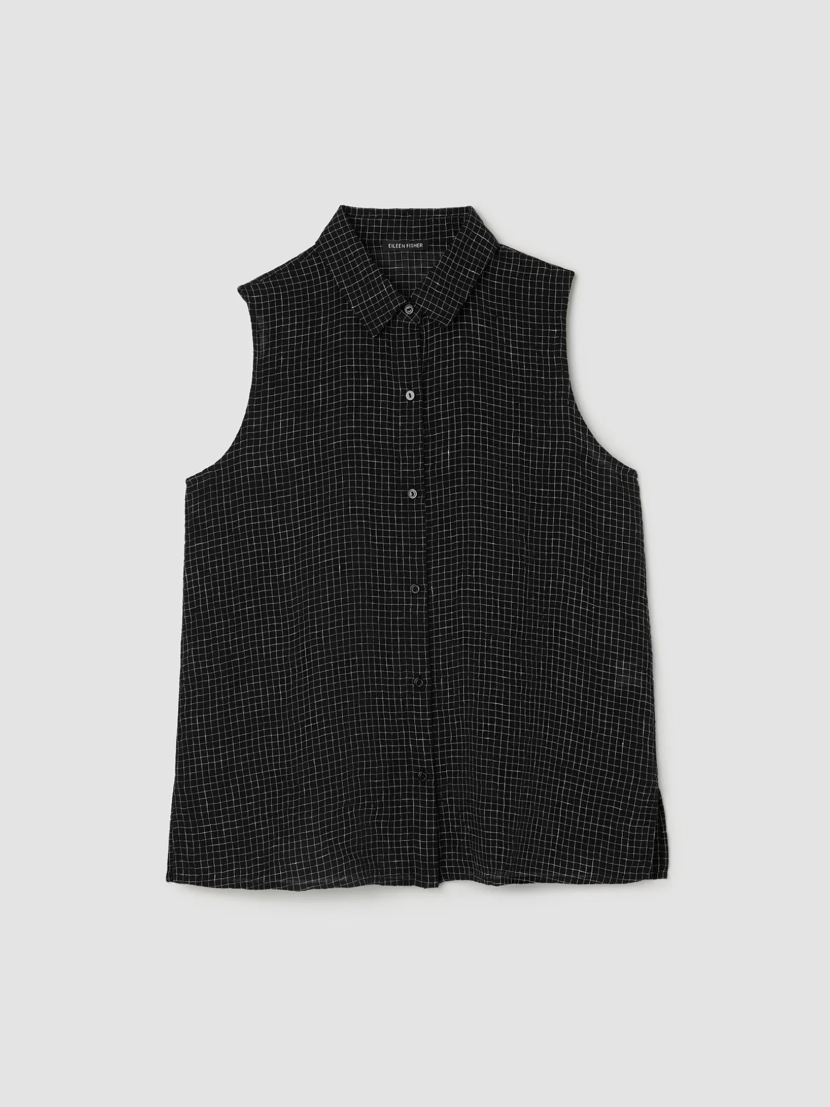 Puckered Organic Linen Grid Sleeveless Shirt