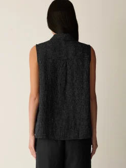 Puckered Organic Linen Grid Sleeveless Shirt