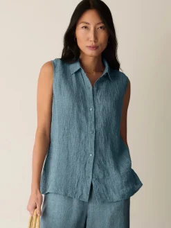 Puckered Organic Linen Grid Sleeveless Shirt