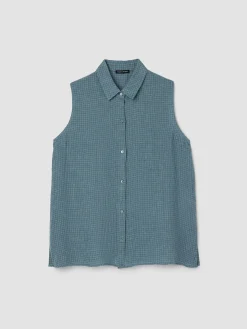 Puckered Organic Linen Grid Sleeveless Shirt