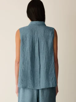 Puckered Organic Linen Grid Sleeveless Shirt