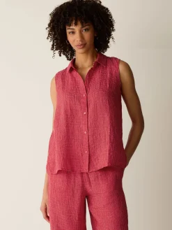 Puckered Organic Linen Grid Sleeveless Shirt