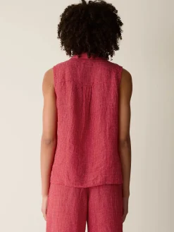 Puckered Organic Linen Grid Sleeveless Shirt