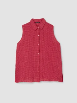 Puckered Organic Linen Grid Sleeveless Shirt