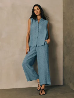 Puckered Organic Linen Grid Wide-Leg Pant