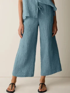 Puckered Organic Linen Grid Wide-Leg Pant