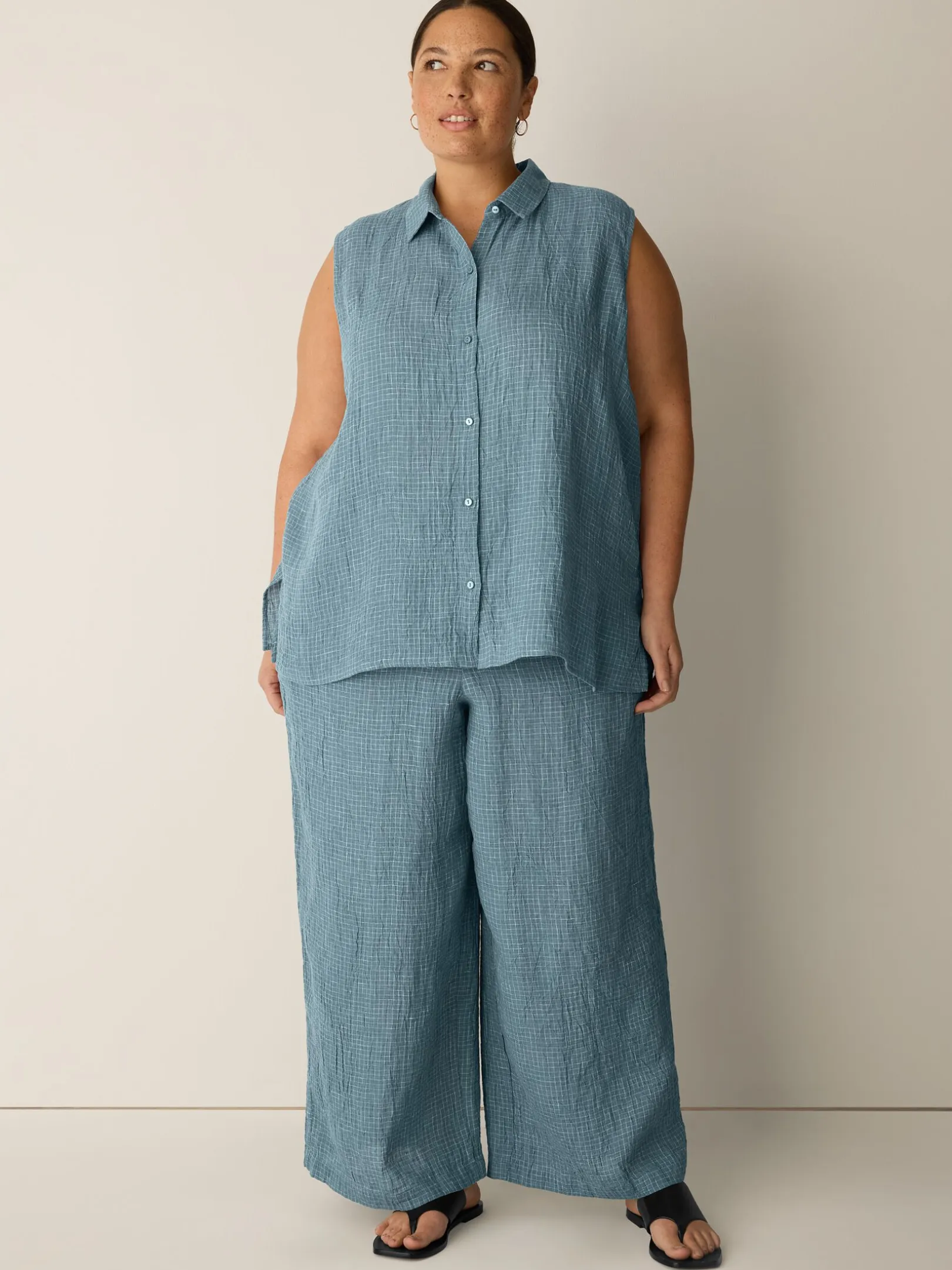 Puckered Organic Linen Grid Wide-Leg Pant