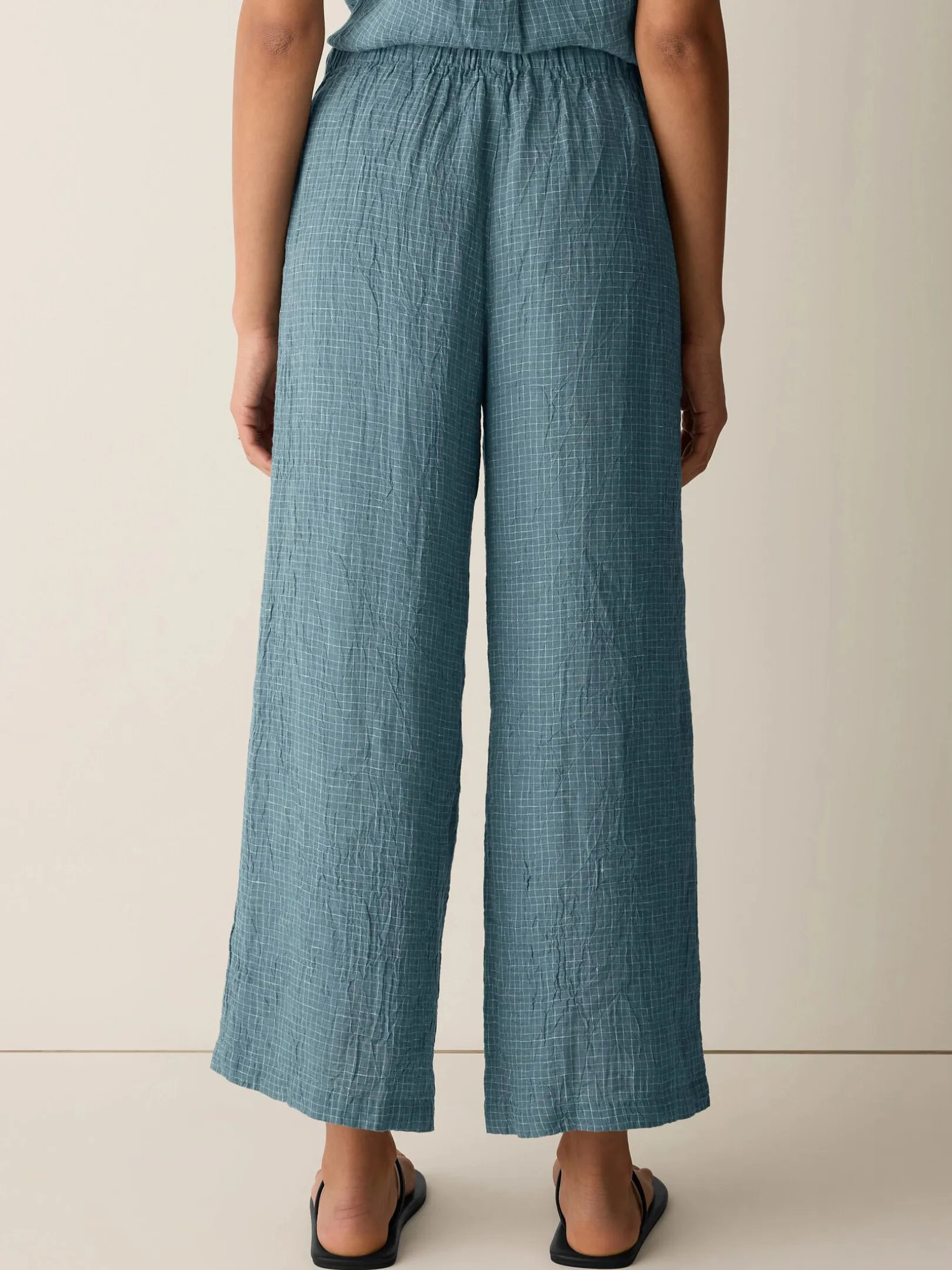 Puckered Organic Linen Grid Wide-Leg Pant