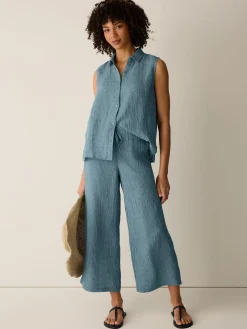 Puckered Organic Linen Grid Wide-Leg Pant