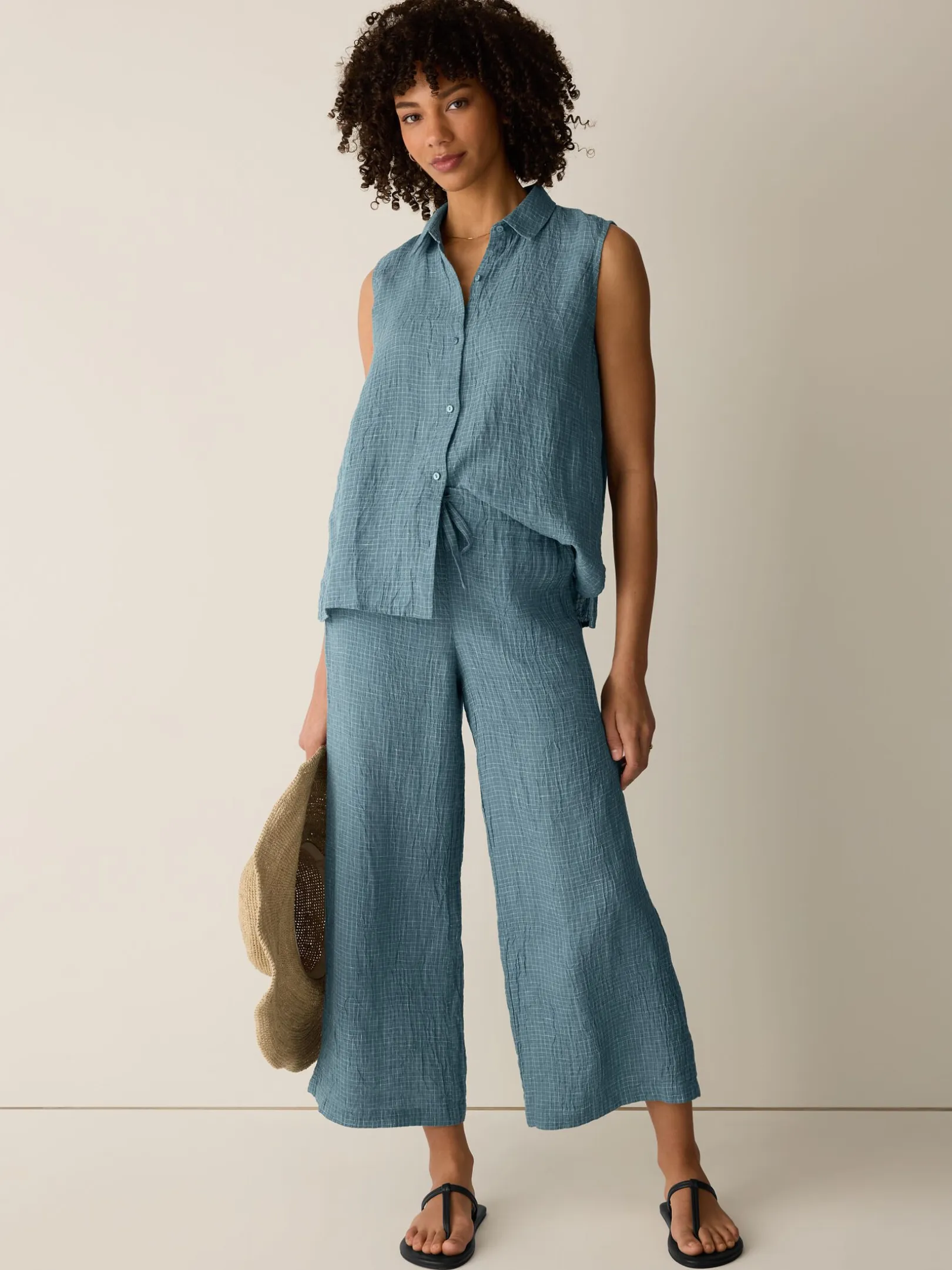 Puckered Organic Linen Grid Wide-Leg Pant