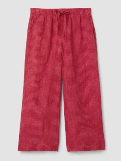 Puckered Organic Linen Grid Wide-Leg Pant