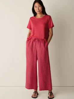 Puckered Organic Linen Grid Wide-Leg Pant