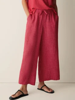 Puckered Organic Linen Grid Wide-Leg Pant