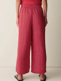 Puckered Organic Linen Grid Wide-Leg Pant