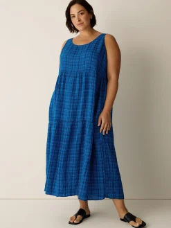 Puckered Organic Linen Plaid Tiered Dress