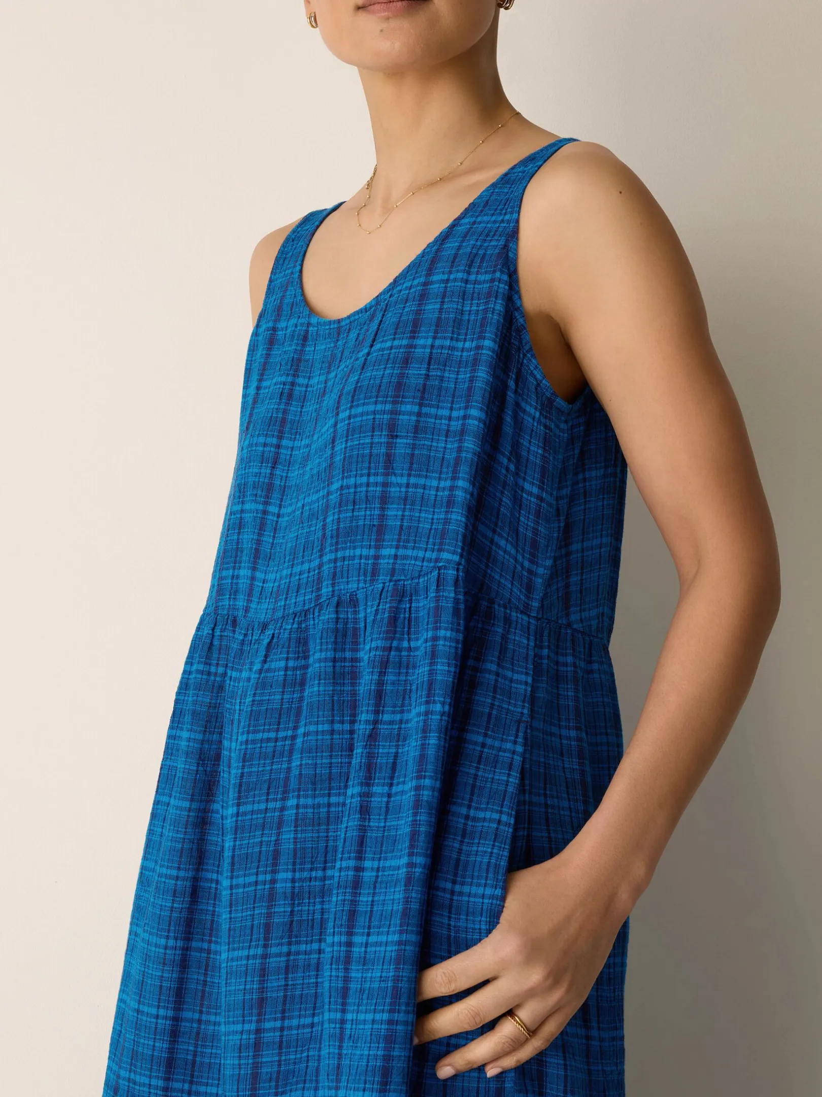 Puckered Organic Linen Plaid Tiered Dress