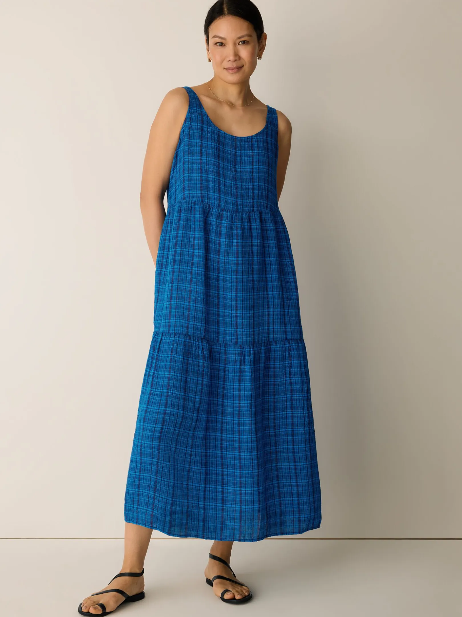 Puckered Organic Linen Plaid Tiered Dress