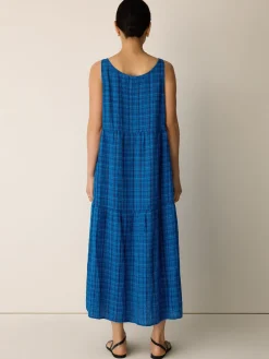 Puckered Organic Linen Plaid Tiered Dress