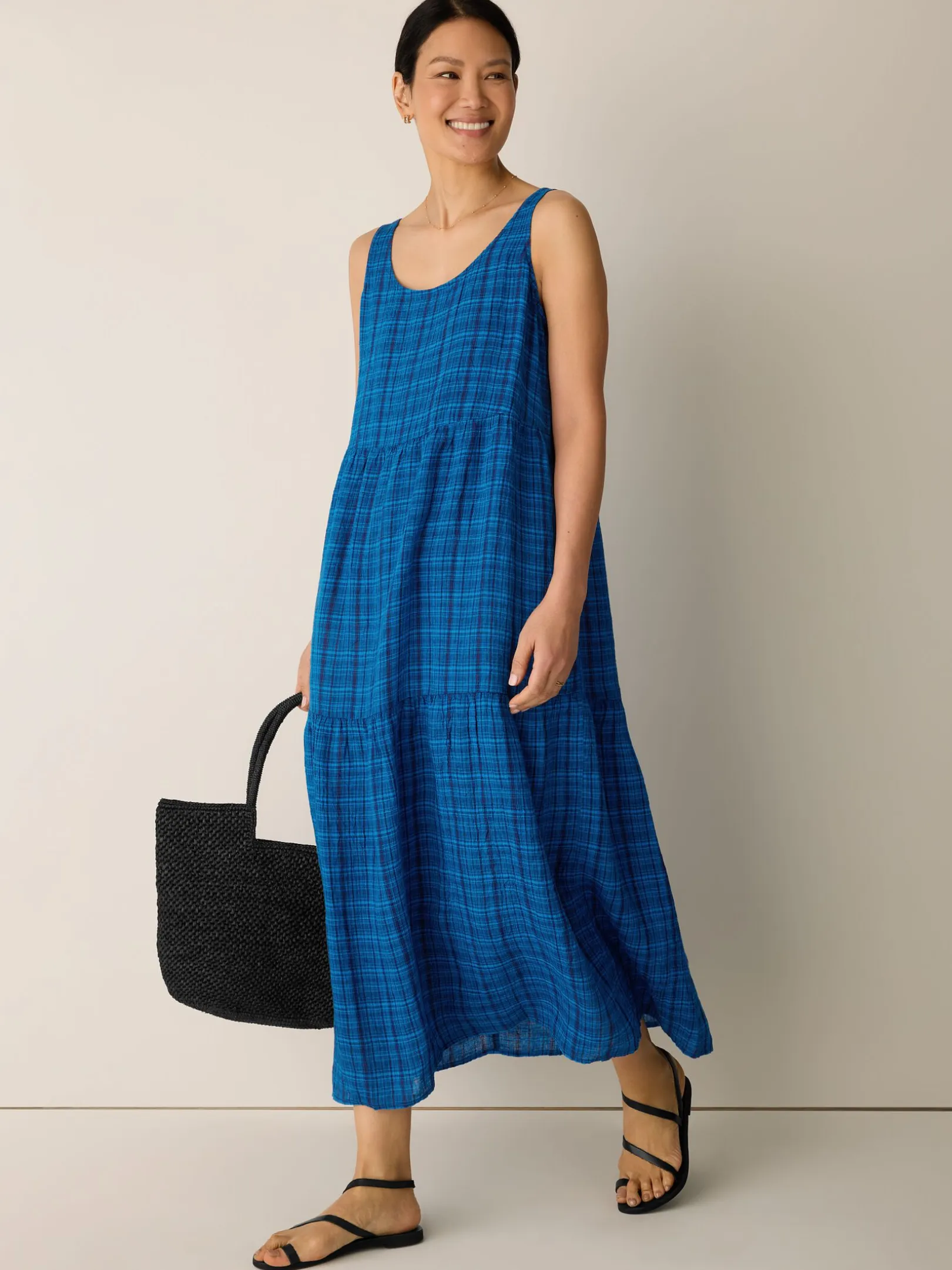 Puckered Organic Linen Plaid Tiered Dress