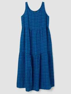 Puckered Organic Linen Plaid Tiered Dress