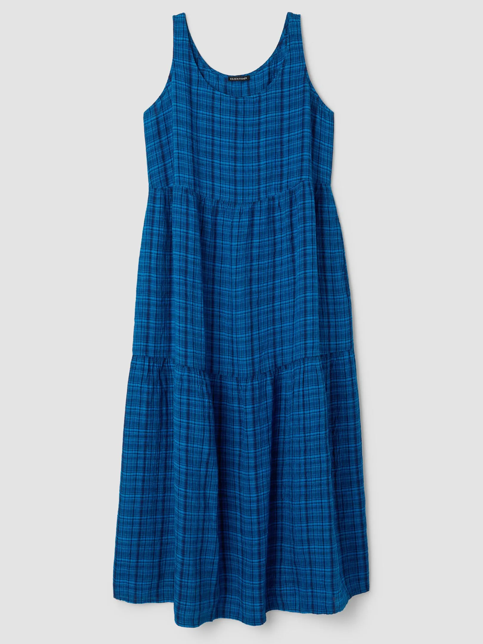 Puckered Organic Linen Plaid Tiered Dress