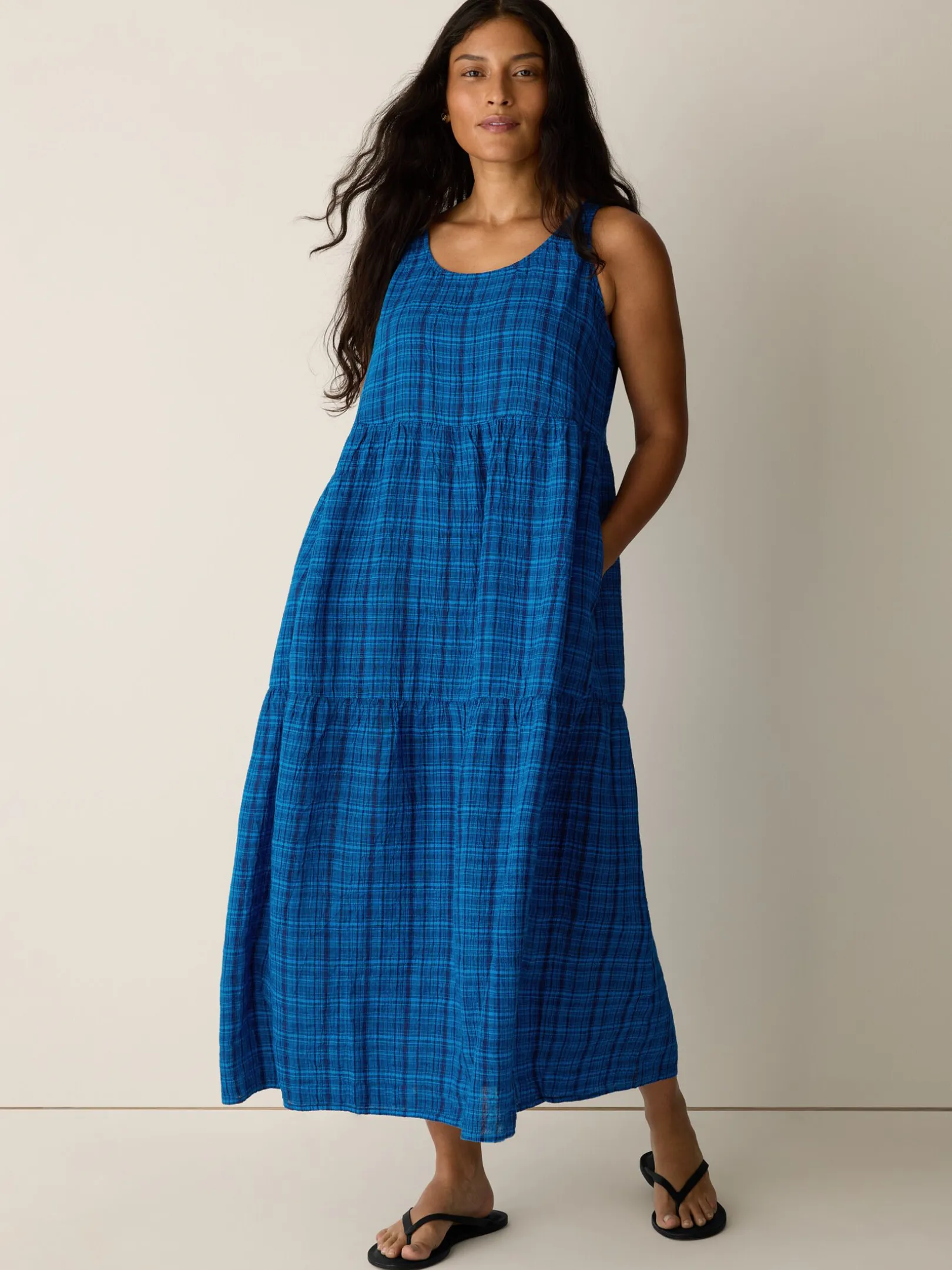 Puckered Organic Linen Plaid Tiered Dress