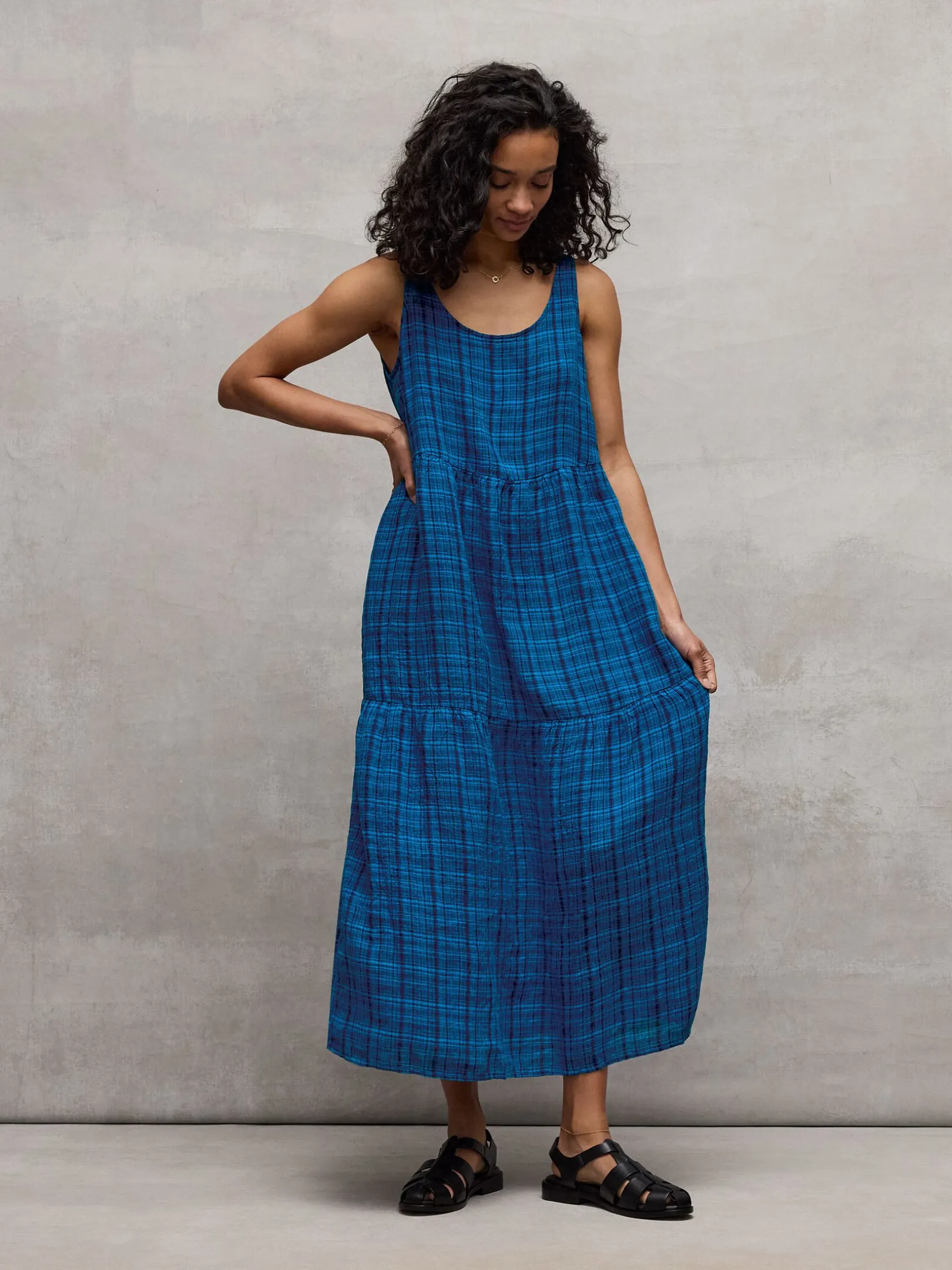 Puckered Organic Linen Plaid Tiered Dress