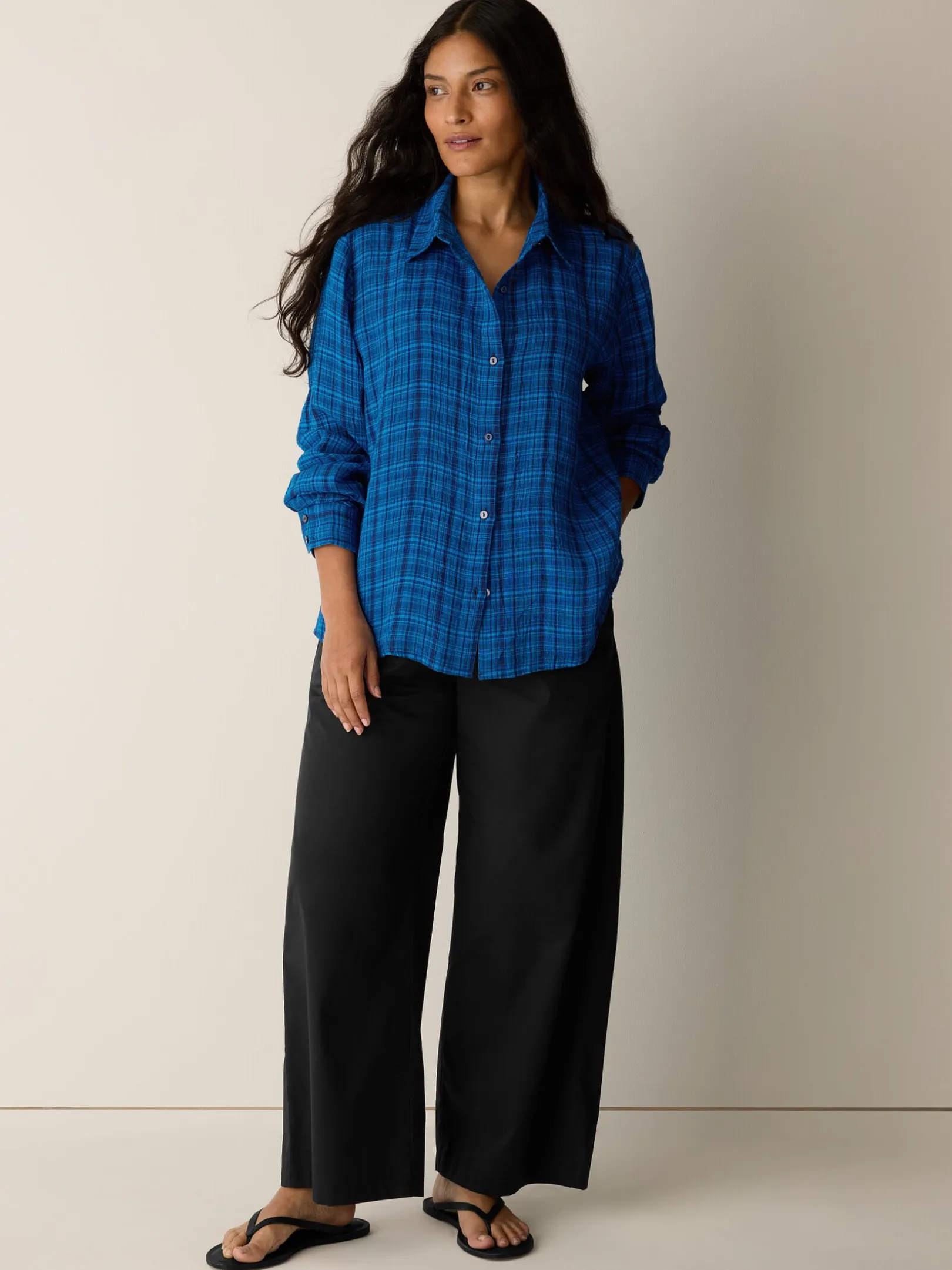Puckered Organic Linen Plaid Classic Collar Shirt