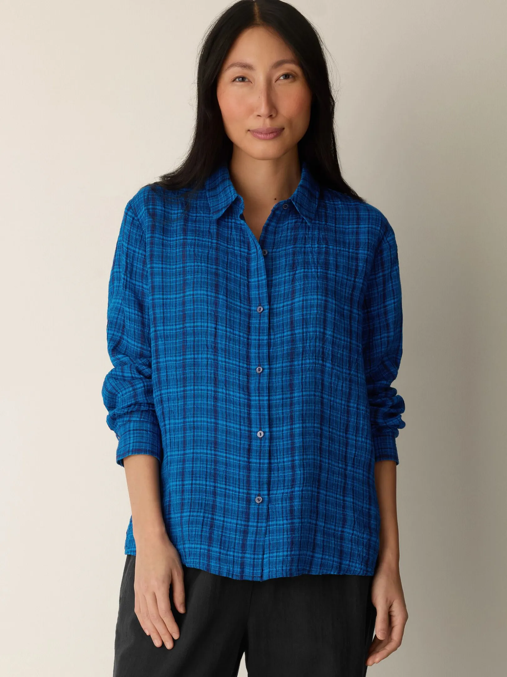 Puckered Organic Linen Plaid Classic Collar Shirt