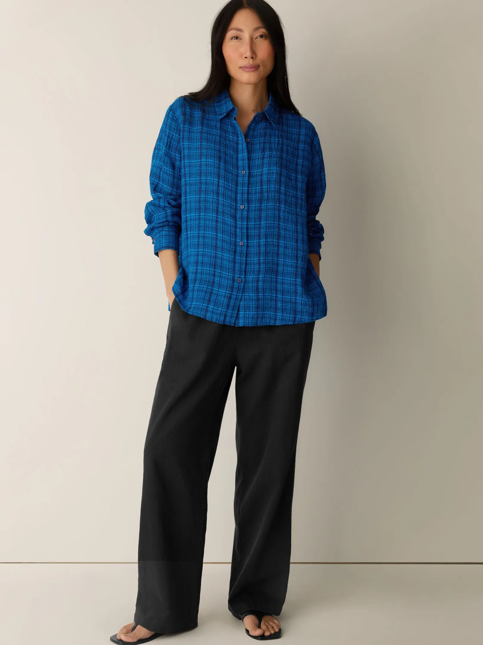 Puckered Organic Linen Plaid Classic Collar Shirt