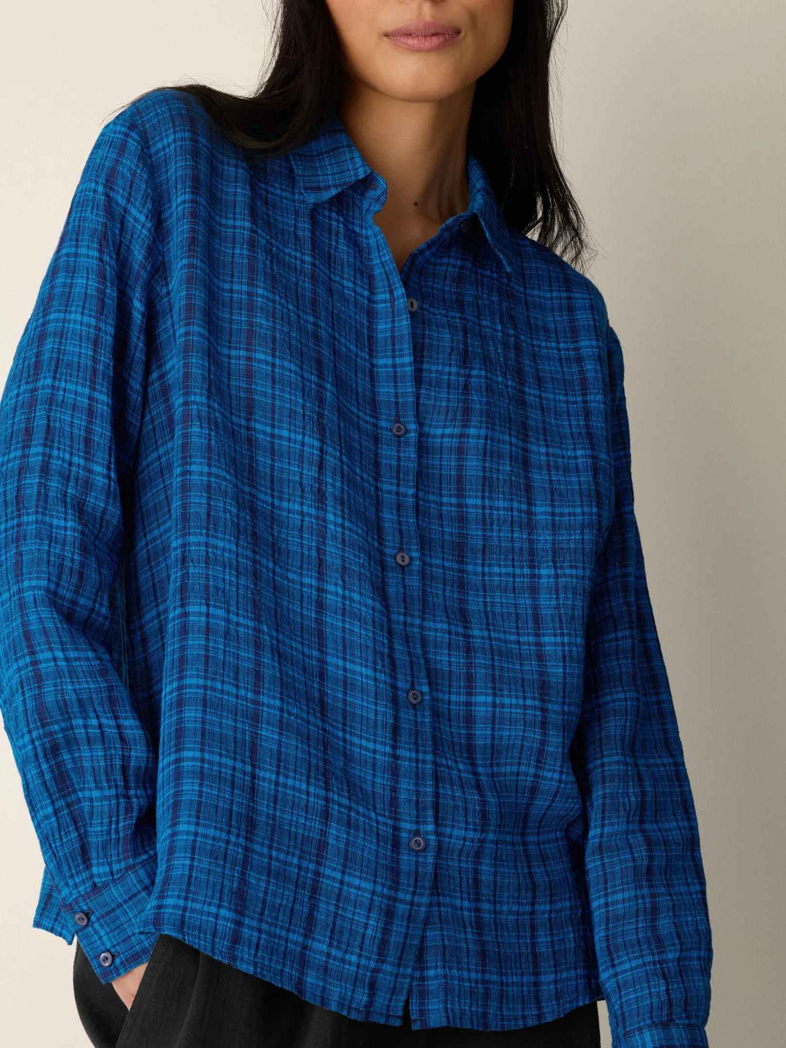 Puckered Organic Linen Plaid Classic Collar Shirt